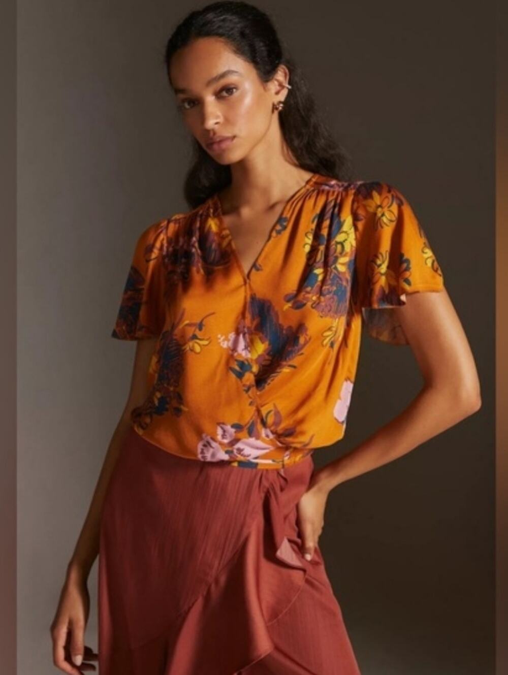 Anthropologie Tiny Venus Floral Short Sleeve Top in Mustard Small